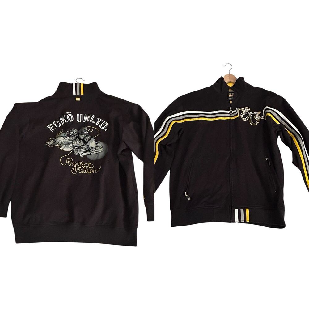 Vintage ECKO UNLTD "Rhyme and Reason" HOODIE BlACK Size 2XL Rare Black & Gold